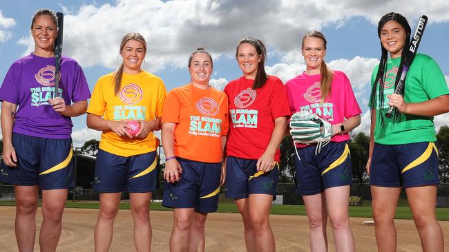 Australian softball players Stacey Porter, Taylah Tsitsikronis, Stacey McManus, Kaia Parnaby, Ellen Roberts and Tarni Septo at the launch of a new series earlier this year. Picture: Brett Costello