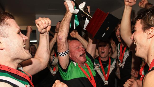 EFNL: Donvale coach Kevin Collins with the 2023 Division 3 cup. Picture: Davis Harrigan