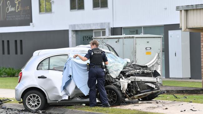 A woman has died in a horror crash involving a young driver allegedly in a stolen Mercedes outside a school on the Sunshine Coast. Picture: Patrick Woods.