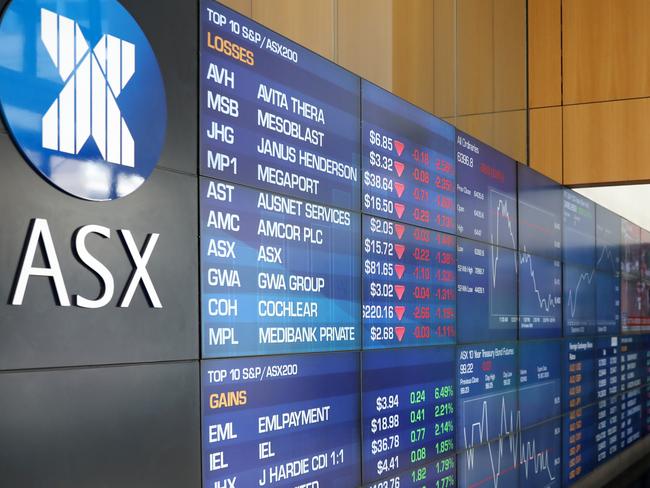 SYDNEY, AUSTRALIA - NewsWire Photos OCTOBER 21, 2020: The screen pictured at the Australian stock exchange, Sydney CBD. Australian stocks are tipped to open higher after gains on Wall Street, where major indexes were higher in afternoon trade on renewed stimulus hopes.Picture: NCA NewsWire / Damian Shaw