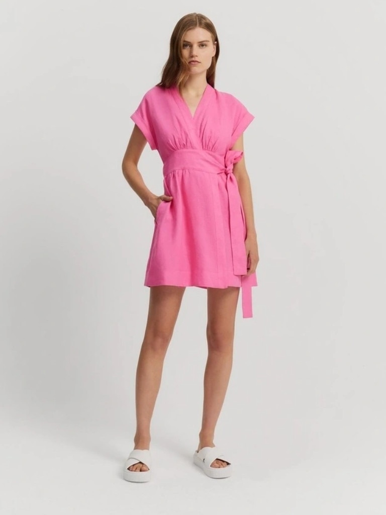 Country Road Organically Grown Cotton Linen Wrap Mini Dress in Ultra Pink. Picture: Myer.