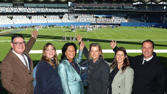 Kardinia Park Stadium Trust chief executive Gerard Griffin, producer Gillian Bohrer, local MP Christine Couzens, VicScreen chief executive Caroline Pitcher, MP Alison Marchant and Creative Industries Minister Colin Brooks at Kardinia Park. Picture: Alison Wynd
