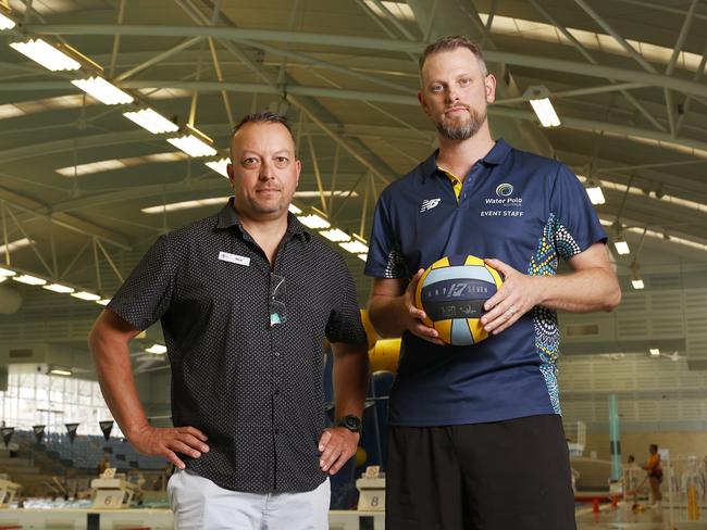 Nick Canals business manager Doone Kennedy Hobart Aquatic Centre, Aaron Debnam president Water Polo Tasmania who are all concerned about the repairs needed to the centres roof. Doone Kennedy Hobart Aquatic Centre is in need of significant repairs to the roof and ceiling.  Picture: Nikki Davis-Jones