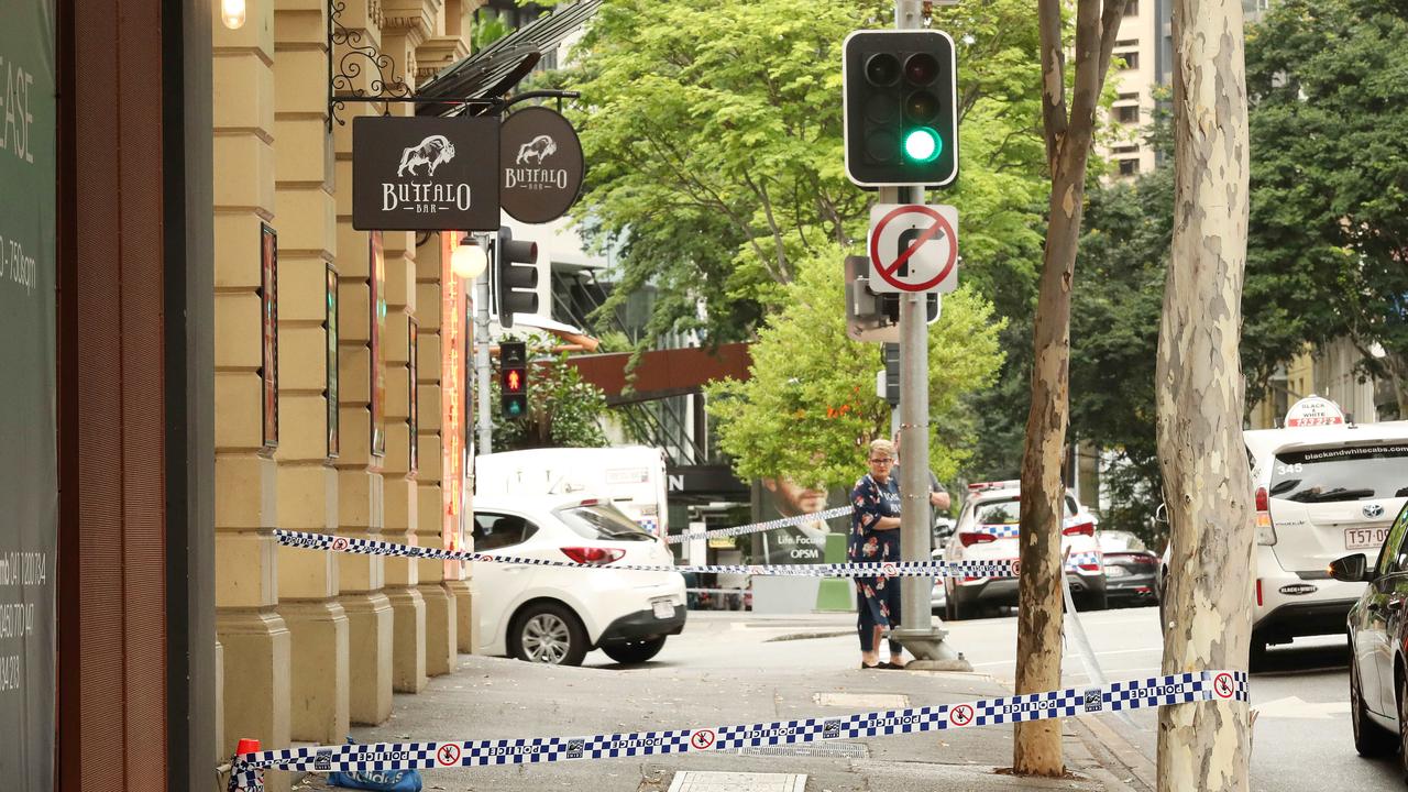 Small crime scene setup in front of the Buffalo Bar on Mary Street, Police have created a crime scene blocking off Mary Street in front of the Westin hotel, Brisbane. Photographer: Liam Kidston.