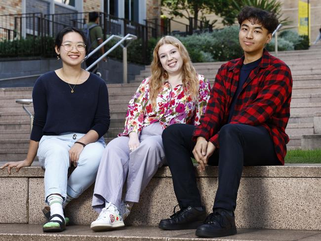 Pictured at the University of NSW in Randwick in Sydney are education students Synyee Hong (1st year primary education), Zoe Patsiokostas (4th year fine arts and education) and Tao Kong (2nd year maths and education). Picture: Richard Dobson