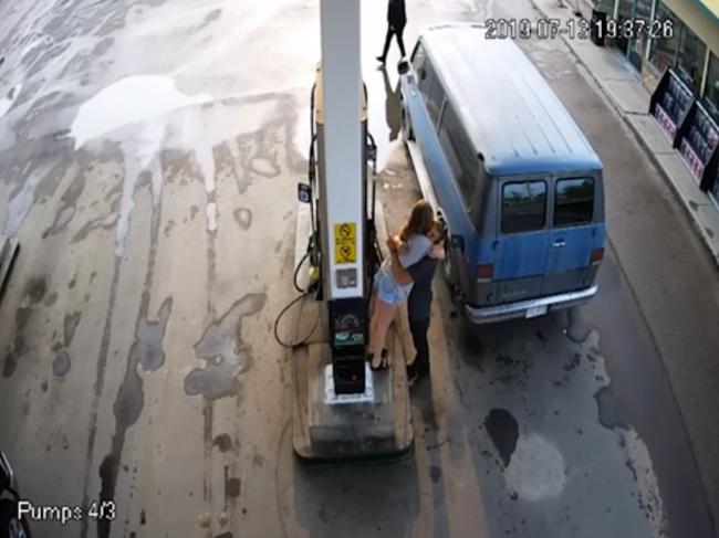 The last pictures of Lucas Fowler and partner Chynna Dees at a petrol station in Fort Nelson on 13 July two days before they were found murdered. Picture: Supplied.