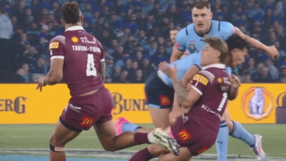 NSW's Joseph-Aukuso Suaalii was sent off for this high hit on Queensland's Reece Walsh. Picture: Fox Sports