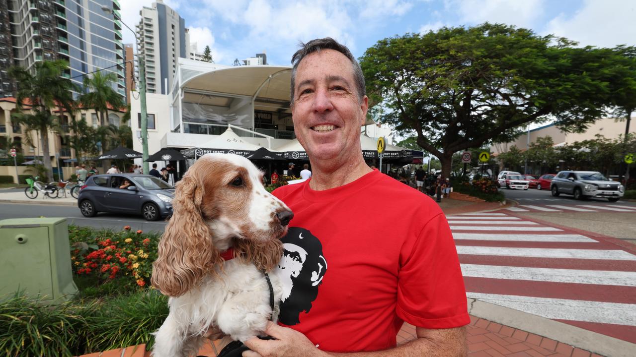 Moncrieff voters at Main Beach express their opinion on the Federal election result. Peter Kuskie and dog Dudley. Picture Glenn Hampson.
