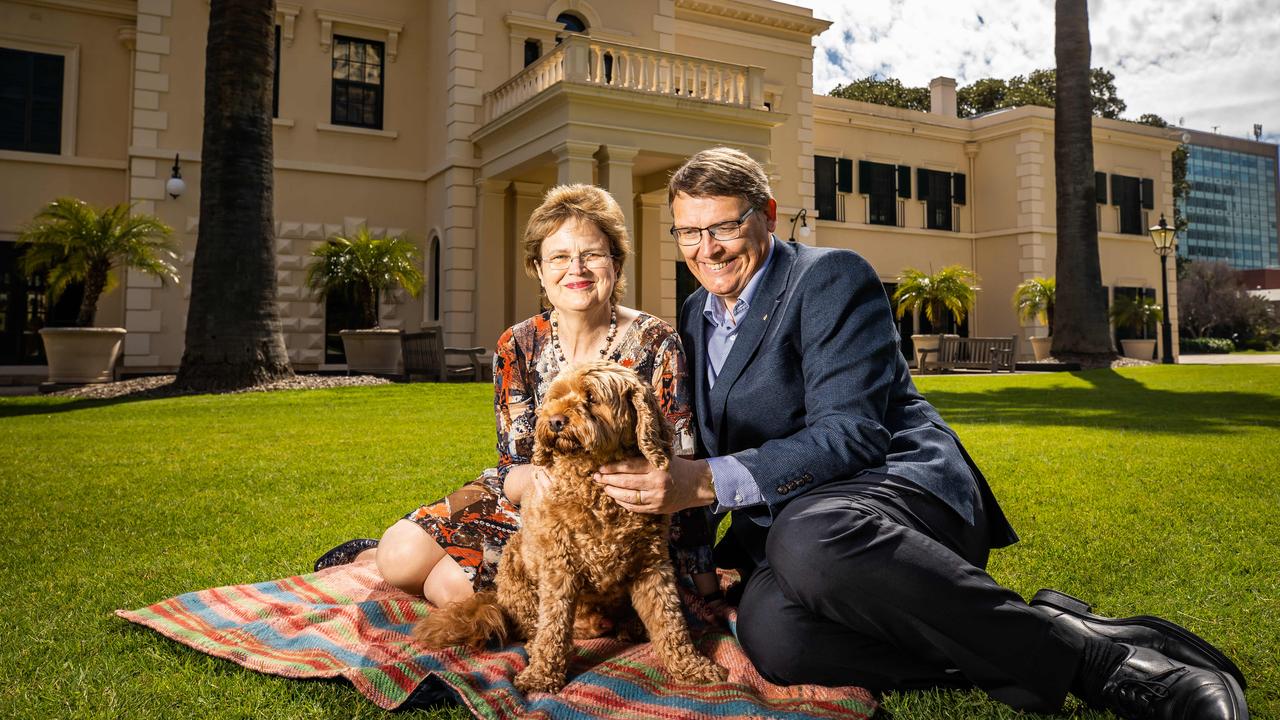 South Australian Governor Frances Adamson, with husband Rod Bunten and dog Alfie, at Government House. Picture: Tom Huntley