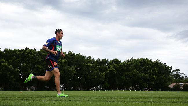 Mitchell Pearce hits the ground running during his first training session with his new club the Newcastle Knights. Picture: Brett Costello