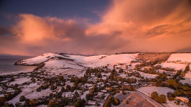 Aerial photo of snow at Clifton Beach by Doug Thost