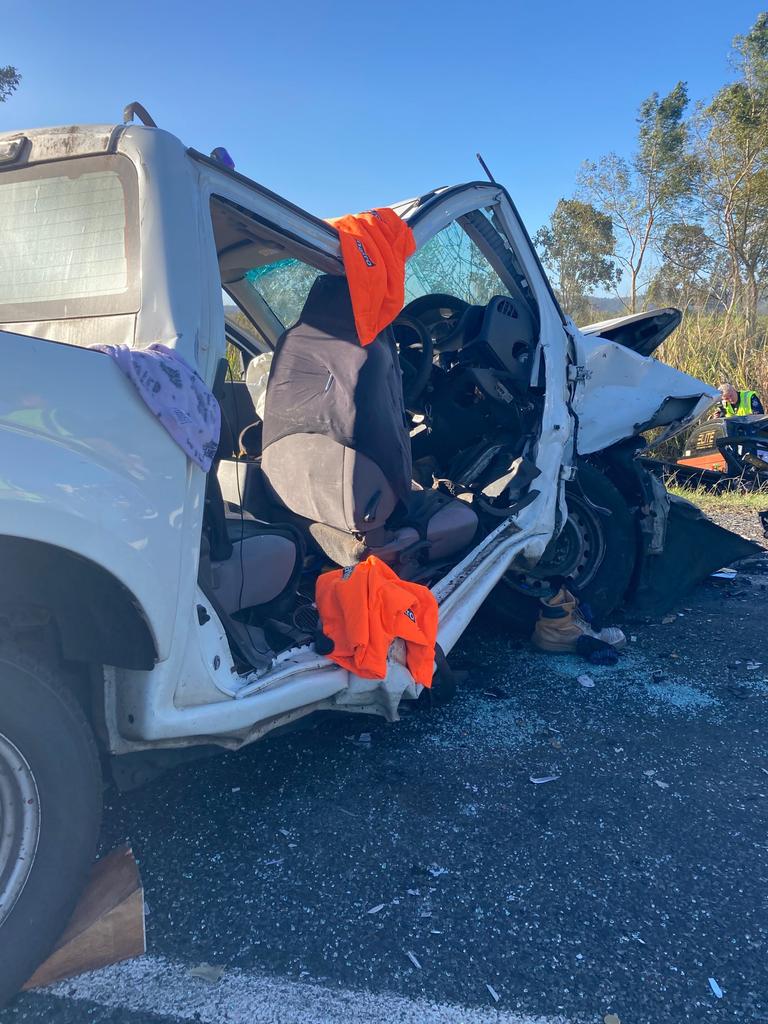 The damage to a dual-cab ute involved in a three-vehicle head-on crash on the Bruce Highway at Pindi Pindi. One person died at the scene near Rise and Shine Rd about 2.35pm Friday, July 16. Picture: RACQ CQ Rescue