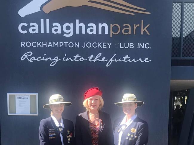 Pia Du Pradal, fashion designer and Brisbane Boutique owner, is greeted by students at the Girls Grammar Rockhampton Race Day on Saturday