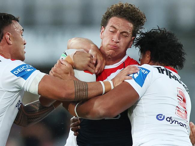 SYDNEY, AUSTRALIA - FEBRUARY 16: Mark Nawaqanitawase of the Roosters is tackled during the 2025 NRL Pre-Season Challenge match between St George Illawarra Dragons and Sydney Roosters at Netstrata Jubilee Stadium on February 16, 2025 in Sydney, Australia. (Photo by Mark Metcalfe/Getty Images)