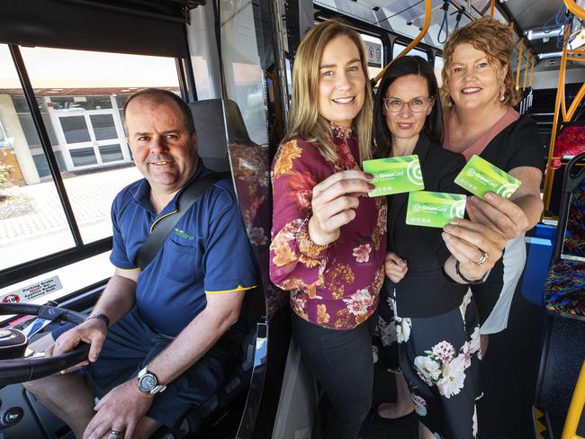 Metro bus driver Andrew Wiggins, Glenorchy Mayor Kristie Johnson, Associate Professor Verity Cleland and Hobart Lord Mayor Anna Reynolds on a Metro bus at Moonah. Picture: CHRIS KIDD