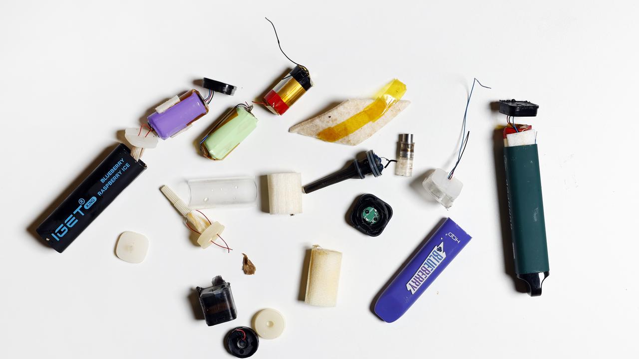 An assortment of cheaply-made parts from vapes. Paul Dillon founder of DARTA , visits schools to make students aware of the realities associated with the shoddy and dangerous nature in the manufacturing process of vapes. Picture: Richard Dobson