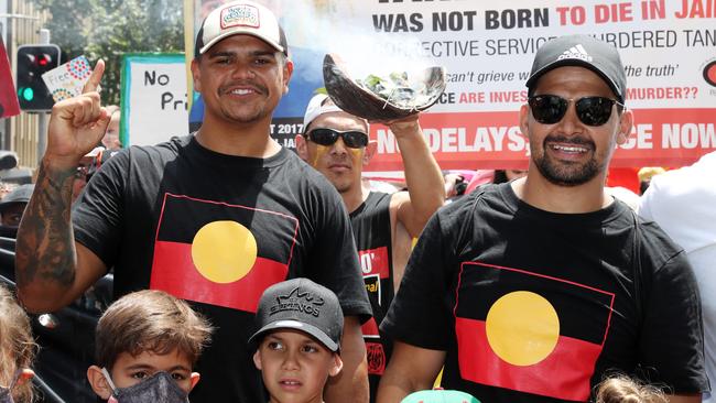 NRL players Latrell Mitchell and Cody Walker in Sydney. Picture: Jonathan Ng