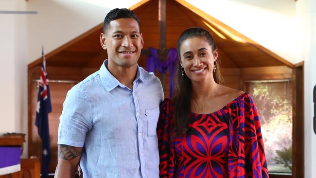 Israel Folau with his wife Maria Folau at Kenthurst Uniting Church. Picture: Hollie Adams