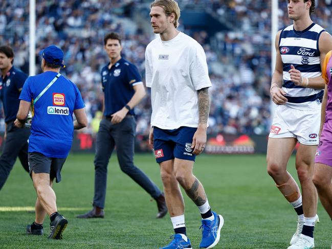 Geelong expects Tom Stewart to be fine for the opening week of finals. Picture: Michael Willson/AFL Photos via Getty Images