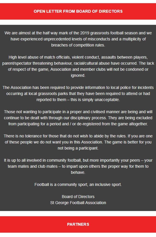 An open letter from the St George Football Association's board of directors calling on players and crowds to clean up their act.