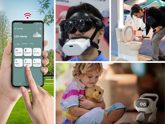 Clockwise from top right: a Withings U-Scan home urine lab; LG's 'smart home AI agent'; LG home tech app; Shiftall's full-body tracking device