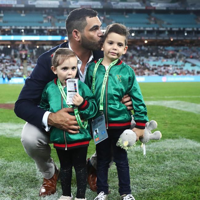 Greg Inglis with son Nate and daughter Quinn at his farewell to the fans. Picture: Phil Hillyard