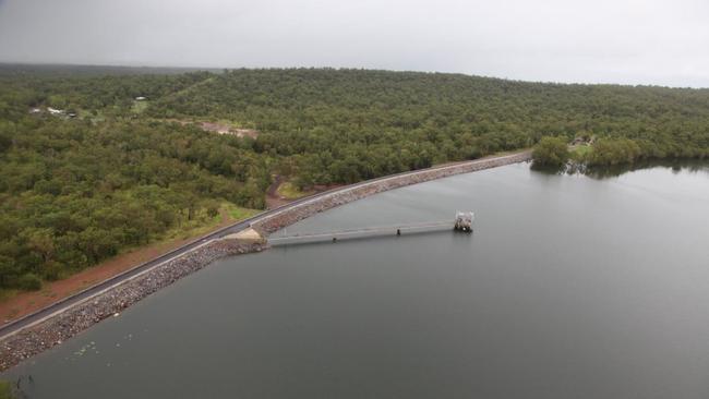 Darwin River Dam pictured when near capacity earlier Monday. Picture: Power and Water/Facebook