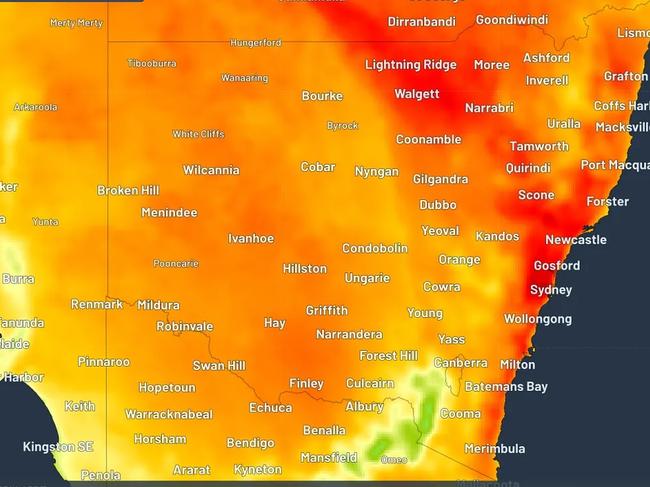 Extreme heat swamped New South Wales this week, placing surging demand on the electricity grid. Picture: Weather Zone