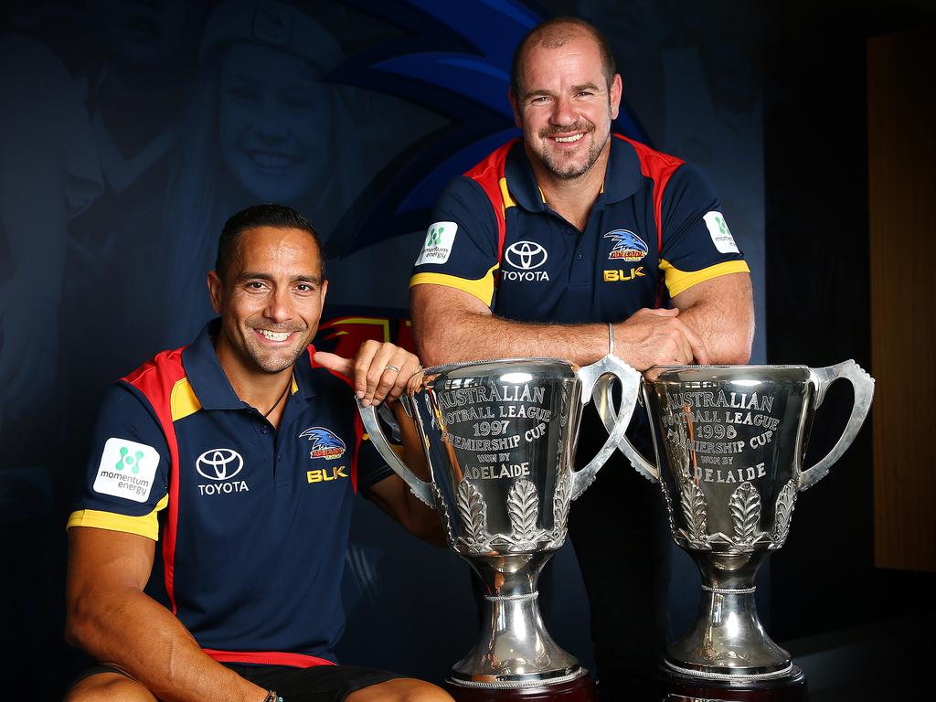 Adelaide Football Club greats Andrew McLeod and Mark Ricciuto. Photo: Sarah Reed