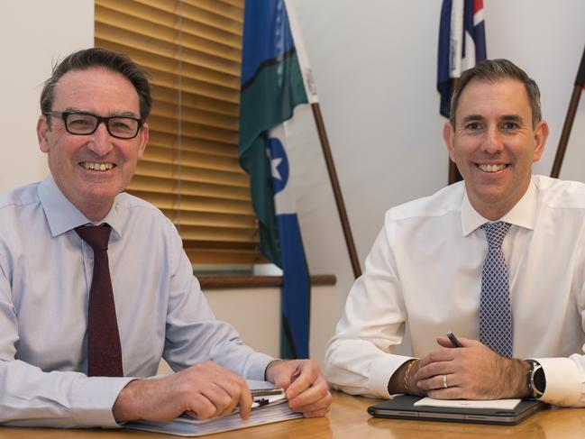 # EMBARGOED UNTIL THURSDAY 1030 PM AEDT #   CANBERRA,  May 8, 2024: Secretary to the Treasury Steven Kennedy and Federal Treasurer Jim Chalmers in his office at Parliament House in Canberra. Picture: Martin Ollman