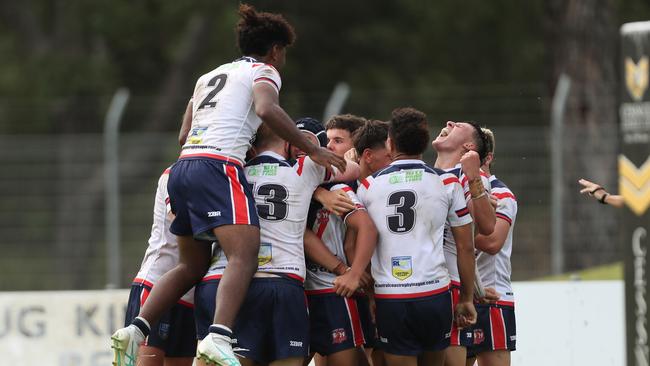 RoosterÃs celebrate Jack Dean-Potaka try SLE Andrew Johns Cup Newcastle Knights v Central Coast Roosters at Cessnock Sportsground Saturday 2nd March 2024.pic Sue Graham