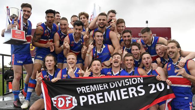 Keilor players celebrate last season’s flag. Picture: Andy Brownbill