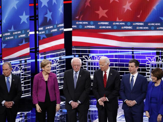 From left, Democratic presidential candidates, former New York City Mayor Michael Bloomberg, Sen. Elizabeth Warren, Sen. Bernie Sanders, former Vice President Joe Biden, former South Bend Mayor Pete Buttigieg, Sen. Amy Klobuchar. Picture: AP