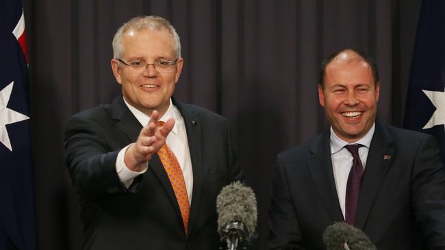 Scott Morrison during a press conference with Josh Frydenberg in Parliament House in Canberra. Picture: Gary Ramage