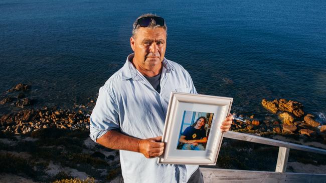 Port Lincoln father Adrian Ryan at Fishery Bay, where his son Paddy was learning to surf before his death by Sudden Sniffing Death Syndrome in February 2020. Picture: Robert Lang