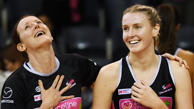 Thunderbirds Kate Shimmin and Sasha Glasgow are all smiles after the win against the Firebirds. Picture: Mark Brake/Getty Images
