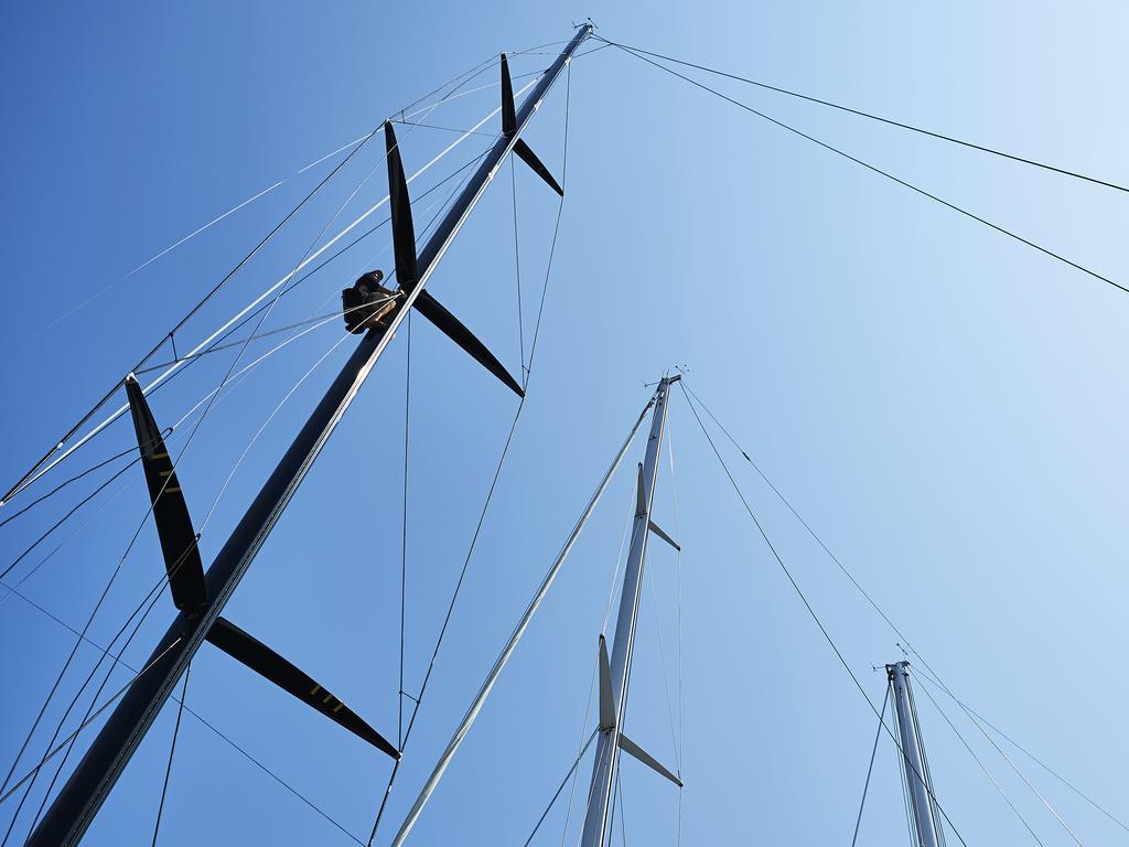 A crew member of No Limits is pictured working prior to setting sail from the CYCA during the 2019 Sydney to Hobart on December 26, 2019 in Sydney, Australia. (Photo by Brett Hemmings/Getty Images)