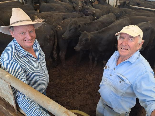 Agent Darren Askew, Mokoan Livestock, with client Anthony Bailey, Bialla at Tatong, who received the top price of $1530 for Angus heifers at Wangaratta today.