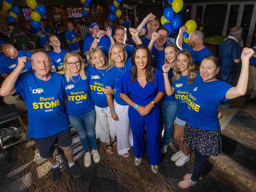 LNP candidate for Gaven Bianca Stone at the Hinterland Hotel in Nerang with supporters on Saturday night. Picture: Nigel Hallett.