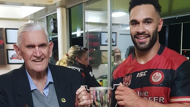 'Mr Valleys' Max Higgins with 2019 premiership winning Valleys Roosters captain Hnaloan Budden.