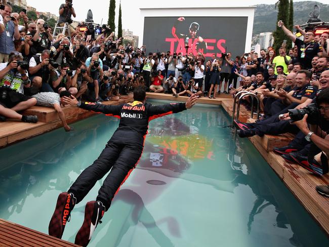 Ricciardo performs his iconic dive after winning the Monaco Grand Prix. Picture: Getty