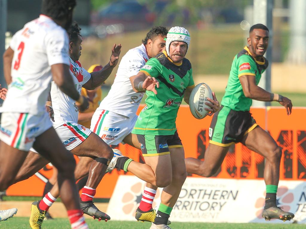 Palmerston’s Alex Johnson charges down field in the NRL NT A-Grade match between Nightcliff Dragons and Palmerston Raiders. Picture: Glenn Campbell