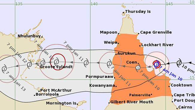 Tropical Cyclone Tiffany is expected to hit Gulf of Carpentaria communities including Groote Eylandt by Wednesday morning. Picture: Australian Bureau of Meteorology.