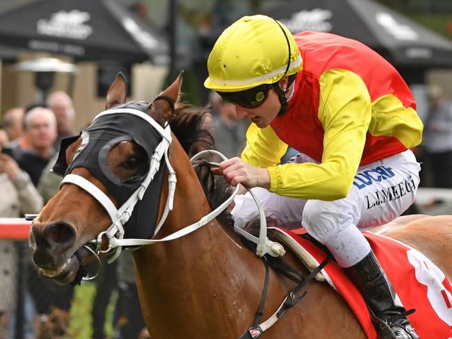 Jockey Linda Meech rides New Universe to victory in race 4, the Ladbrokes Handicap (1600m) during The Valley Season Opener race day at Moonee Valley Racecourse in Melbourne, Saturday, August 3, 2019. (AAP Image/Quentin Lang) NO ARCHIVING, EDITORIAL USE ONLY