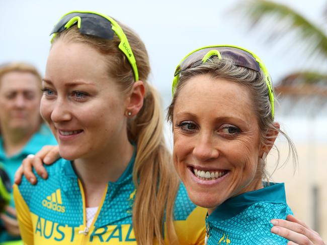 Gracie Elvin and Rachel Neylan during a press conference at Ipanema Beach before the start of the Rio 2016 Olympic Games, Brazil. Picture. Brett Costello