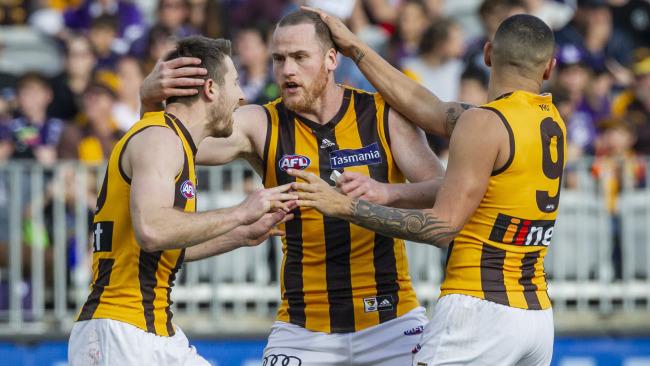 Jarryd Roughead celebrates a goal.