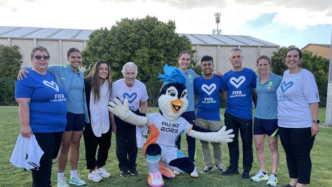 Official FIFA Women’s World Cup 2023 mascot Tazuni with some volunteers and Matilda footballers Jada Whyman, Alex Chidiac, Emma Checker and Elise Kellond-Knight.