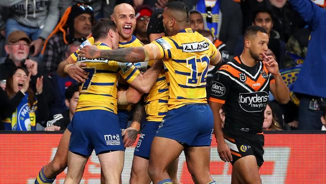 Blake Ferguson celebrates scoring a try for the Eels. Picture: Getty Images