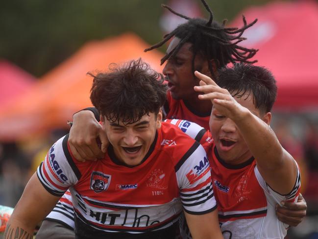 Kirwan State High School hosts St Patrick's College, Mackay, in round 1 of the 2025 Aaron Payne Cup. Kirwan number 2 takes high ball to score try. Picture: Evan Morgan