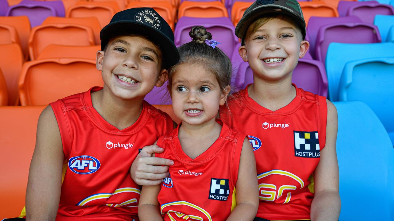 Jed Anderson’s children Elijah Anderson, Jasiah Anderson and Katerinah Anderson at the Gold Coast Suns match vs Western Bulldogs at TIO Stadium. Picture: Pema Tamang Pakhrin